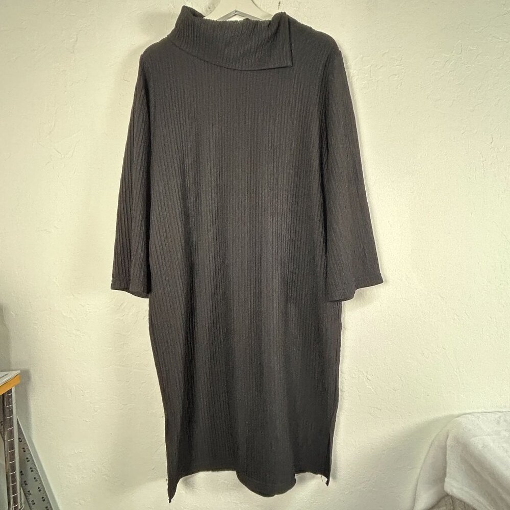 Womens Long Sleeve Textured Black Split Cowl Neck Shift Dress Pocket Korean Made